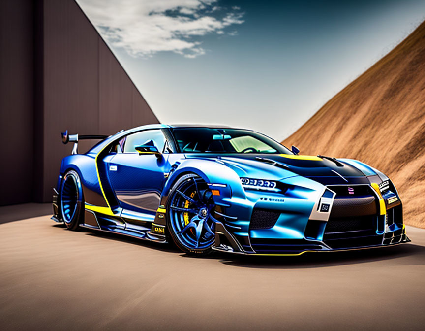 Blue Racing Car with Bold Stripes and Aftermarket Modifications on Sand Dunes