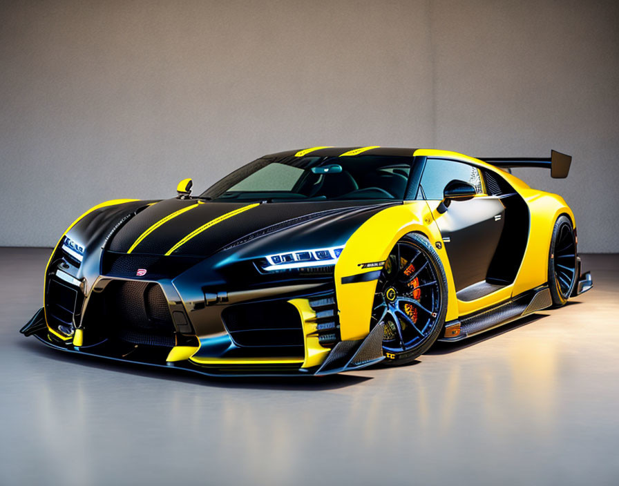 Black and Yellow Sports Car with Racing Stripes and Aerodynamic Body Kit in Studio Setting