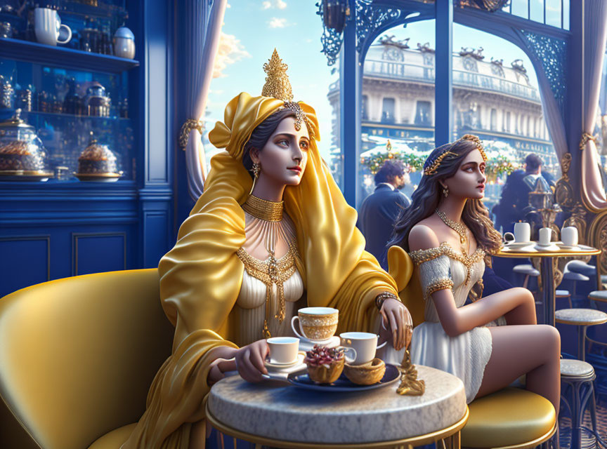 Elegantly Dressed Women in Luxurious Cafe with Pastries and Coffee