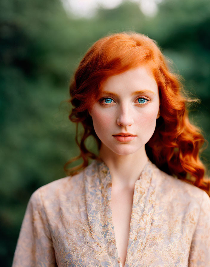Striking Blue-Eyed Woman with Red Curly Hair in Lace Outfit