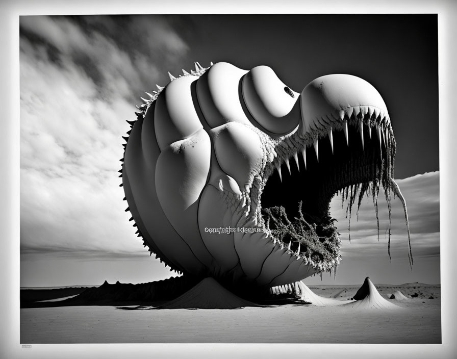 Monochromatic surreal image: large, menacing creature with sharp teeth in desert shell.