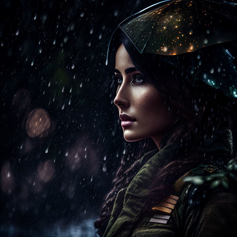 Dark-haired woman under clear umbrella in rain with thoughtful gaze illuminated by soft lights
