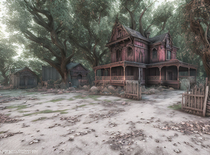 Desolate Victorian house with overgrown trees and misty ambiance