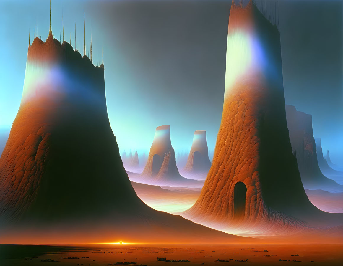 Majestic surreal mountains under a hazy sky at sunrise.