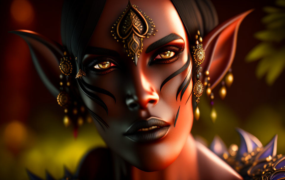 Detailed 3D-rendered female elf with sharp features and gold facial markings