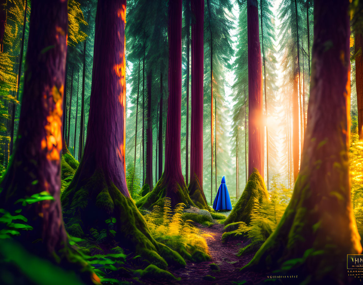 Enchanting forest sunset with mossy path and figure in blue cloak