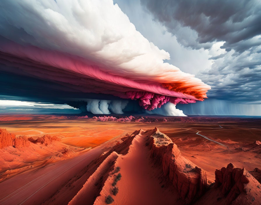 Intense colorful thunderstorm over desert landscape