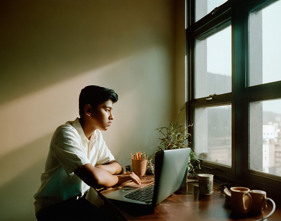 Person at Desk with Laptop, Window View, Soft Light, Coffee Cup, Plant