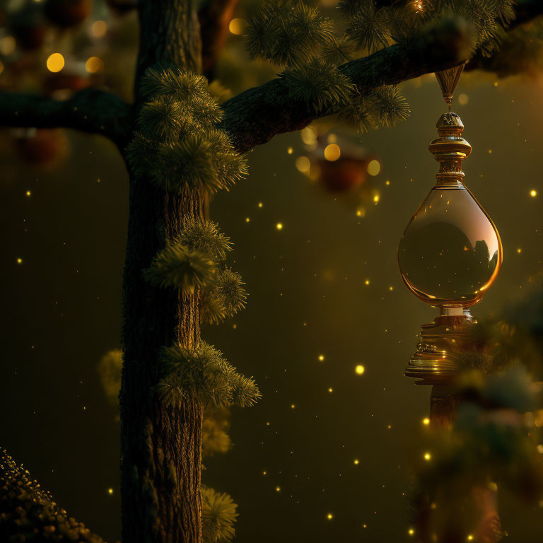 Mystical tree with glowing ornaments in serene night scene
