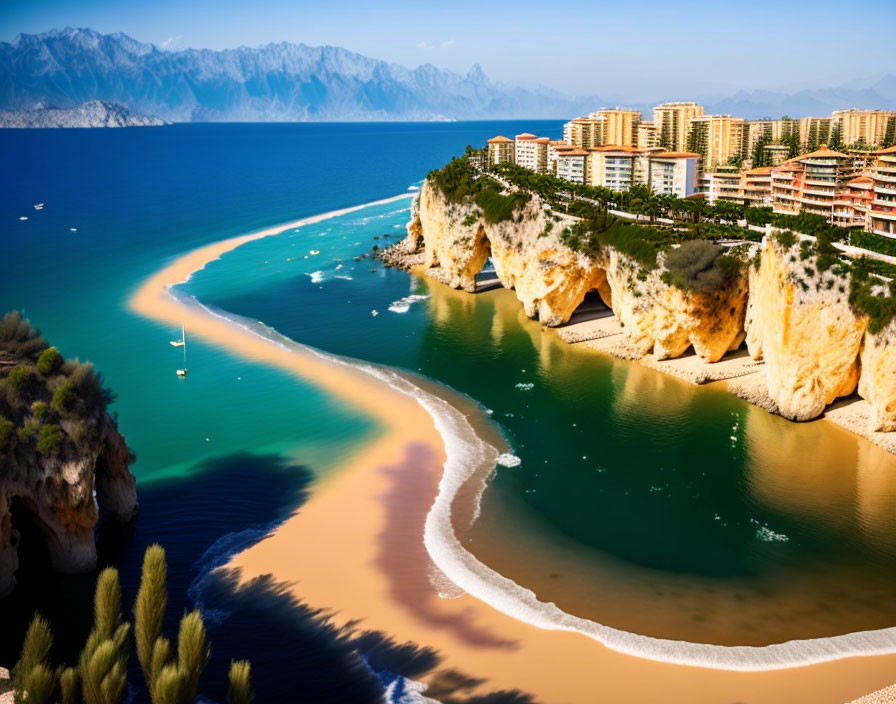 Sandy beach, cliffs, turquoise sea, mountains, clear sky viewed in coastal cityscape