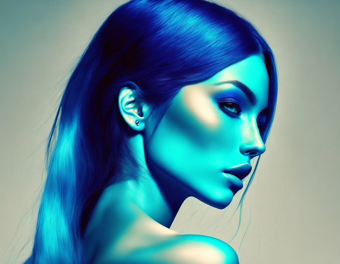 Woman with Luminous Blue Hair and Skin in Turquoise Light