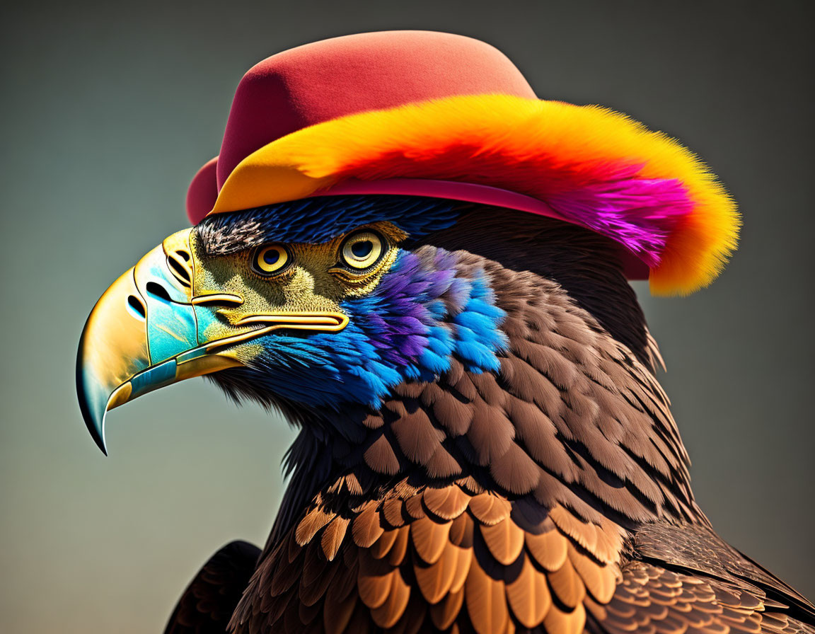 Colorful digitally-enhanced eagle with vibrant hat and plumage
