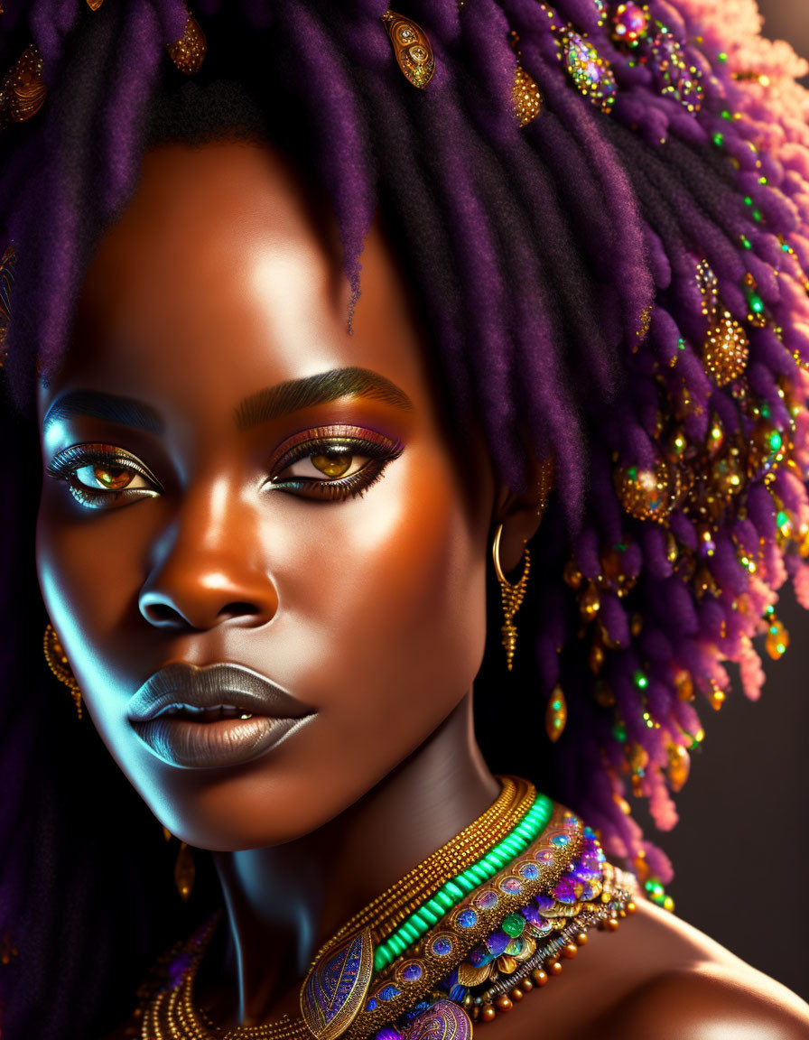 Portrait of Woman with Vibrant Purple Dreadlocks and Colorful Bead Necklaces