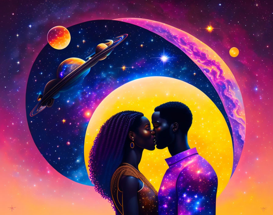 Astronomy-themed artwork featuring African couple