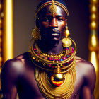 Man in elaborate golden jewelry against backdrop of vertical lights