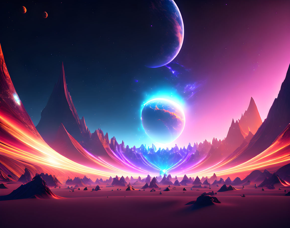 Colorful sci-fi landscape with sharp mountains and large planet in sky