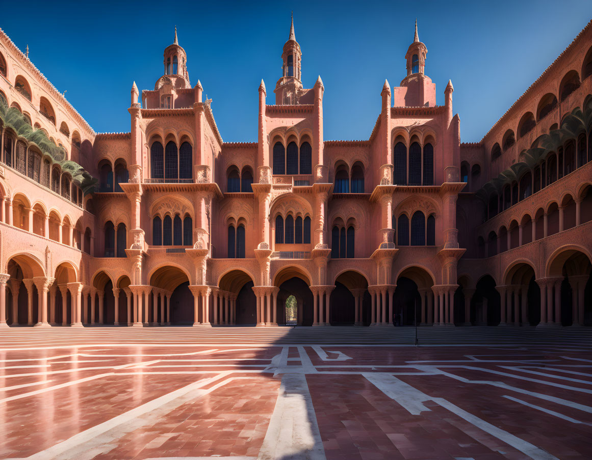 Symmetrical Moorish-style building courtyard with arches and towers