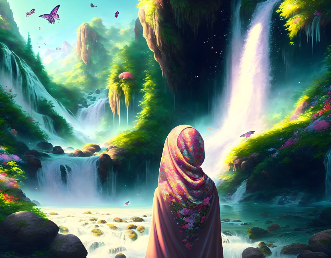 Person in Floral Hijab at Serene Waterfall with Butterflies