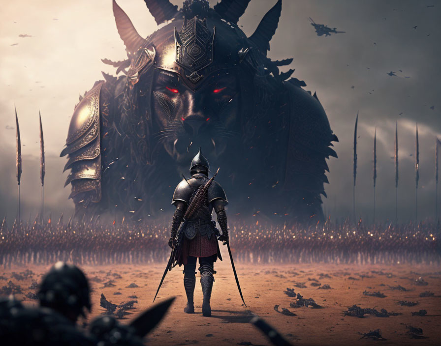 Knight battles giant armored beast on battlefield at dusk