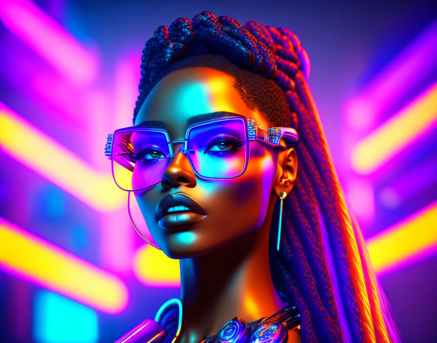 Stylized 3D illustration of woman with braided hair in futuristic sunglasses