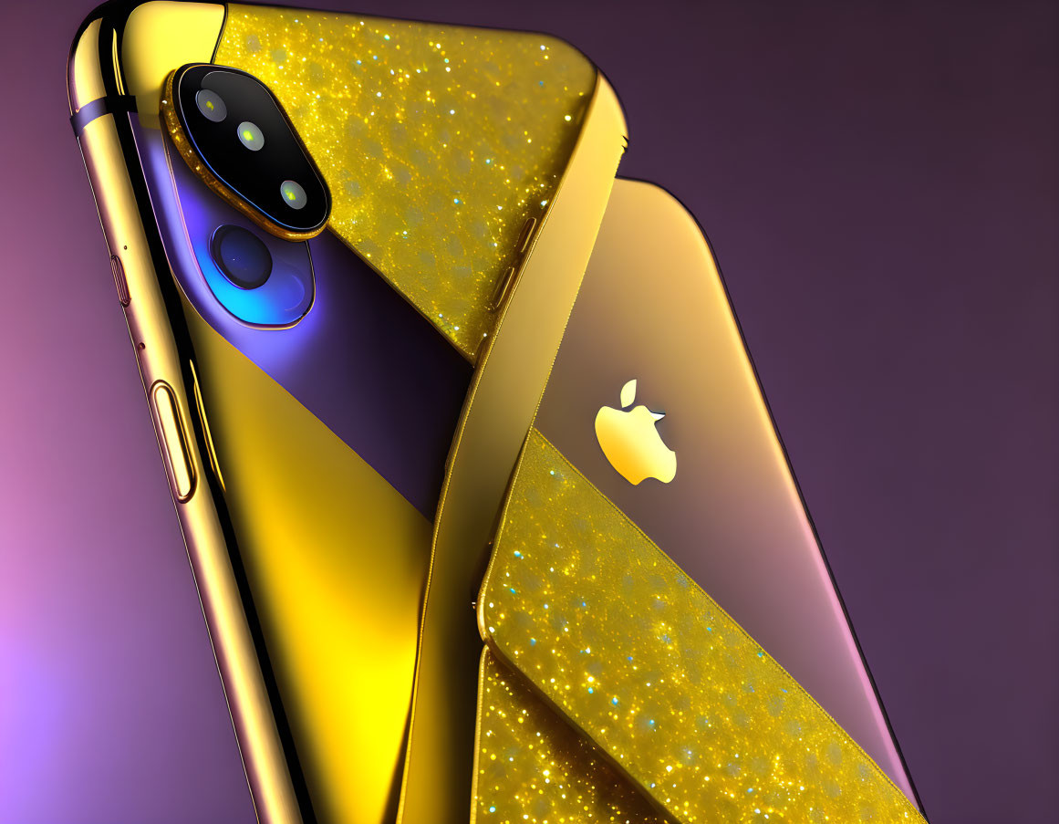 Gold Glittery Smartphone with Dual Camera on Purple Background
