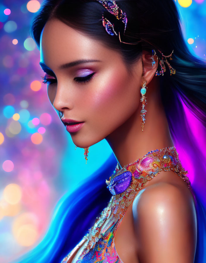 Vibrant digital artwork: Woman with glowing makeup and ornate jewelry