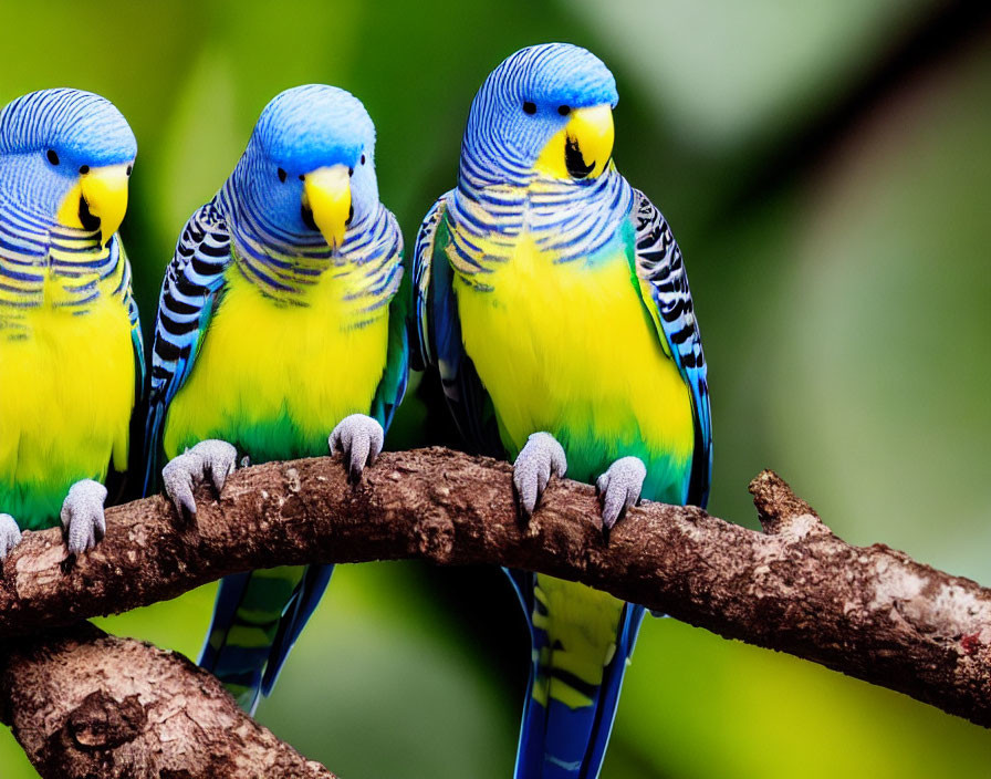 Vibrant blue and yellow budgerigars perched on branch against green background