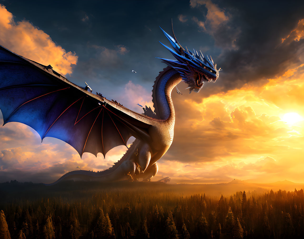 Majestic dragon on forested hill under dramatic sunset sky