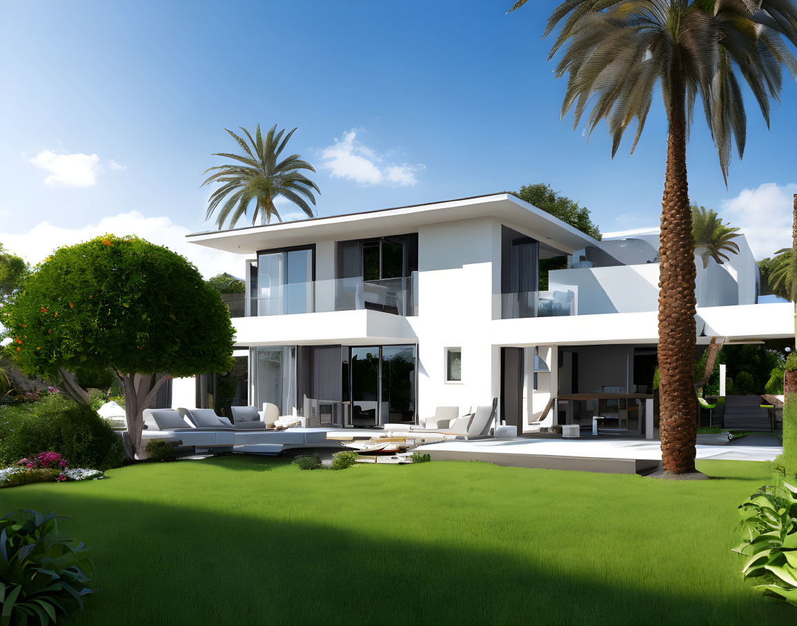 Spacious two-story white villa with large windows and palm trees in a manicured lawn