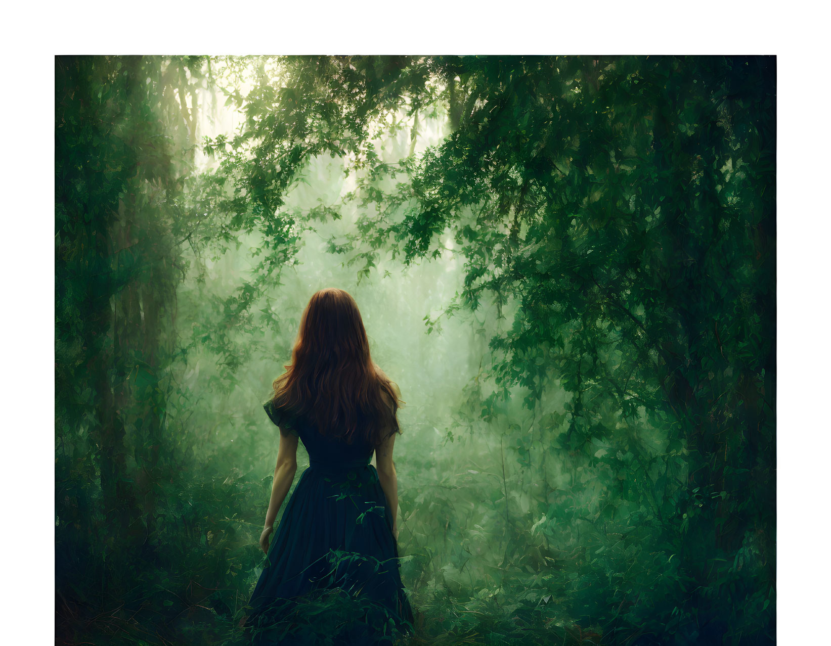 Long-haired woman gazing into mystical sunlit forest