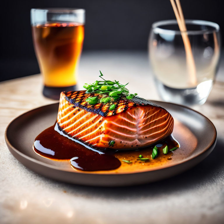 Herb-Topped Grilled Salmon Fillet with Glaze on Plate