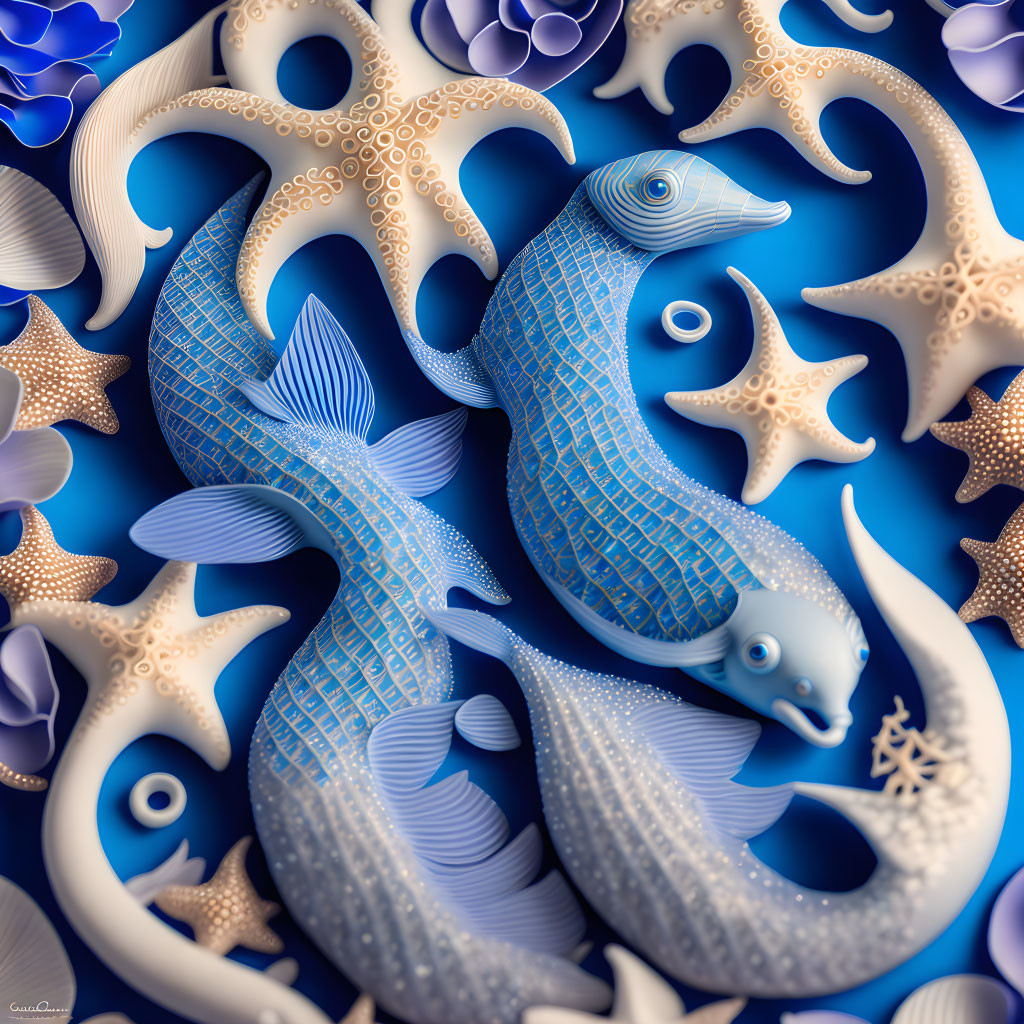 Intricately patterned blue seahorses with starfish on deep blue oceanic background