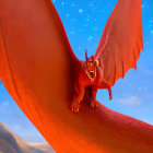 Red dragon with outstretched wings on rocky terrain at sunset.
