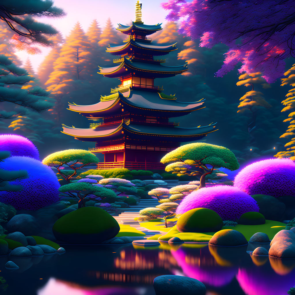 Colorful digital artwork: Japanese pagoda, vibrant trees, tranquil pond