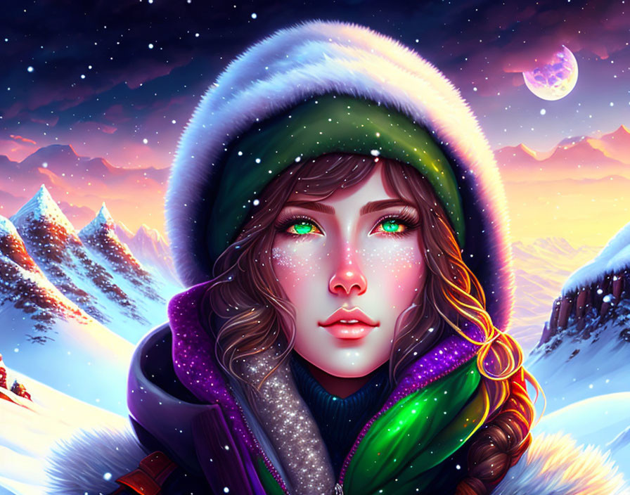 Digital artwork of a woman with green eyes in a warm hat against snowy mountain landscape at twilight