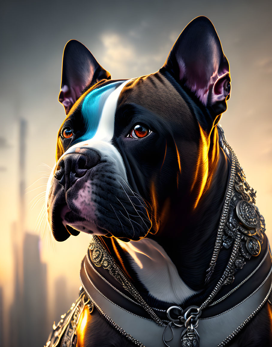 Regal Dog with Striking Markings and Studded Collar in City Sunset