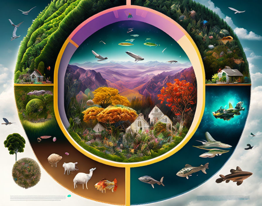 Diverse Ecosystem Collage with Animals and Landscapes