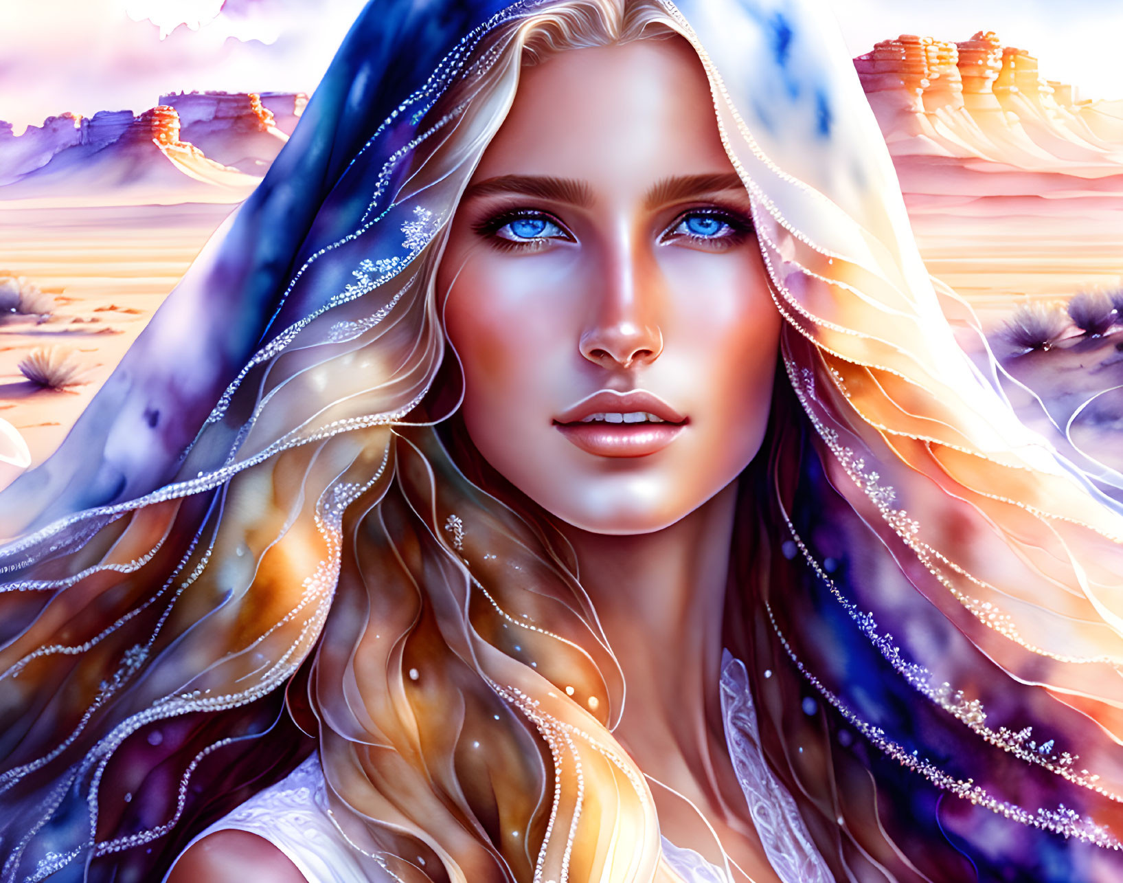 Digital artwork: Woman with blue eyes in starry veil against desert sunset