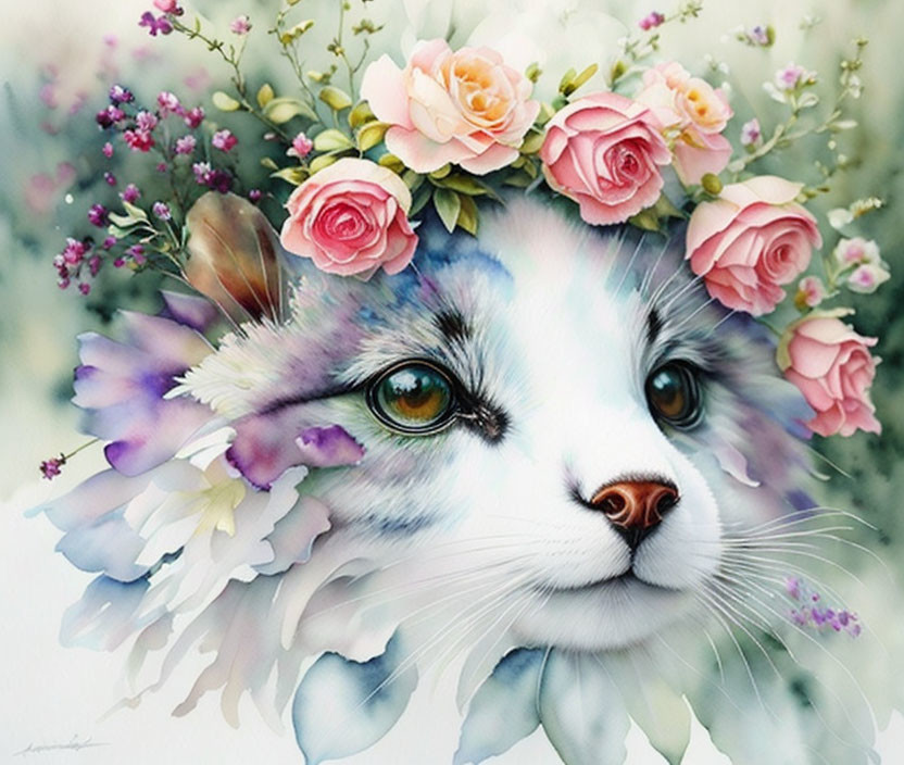 Whimsical cat painting with floral crown and fur blending into petals