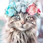 Colorful Cat Artwork with Blue Eyes and Floral Crown