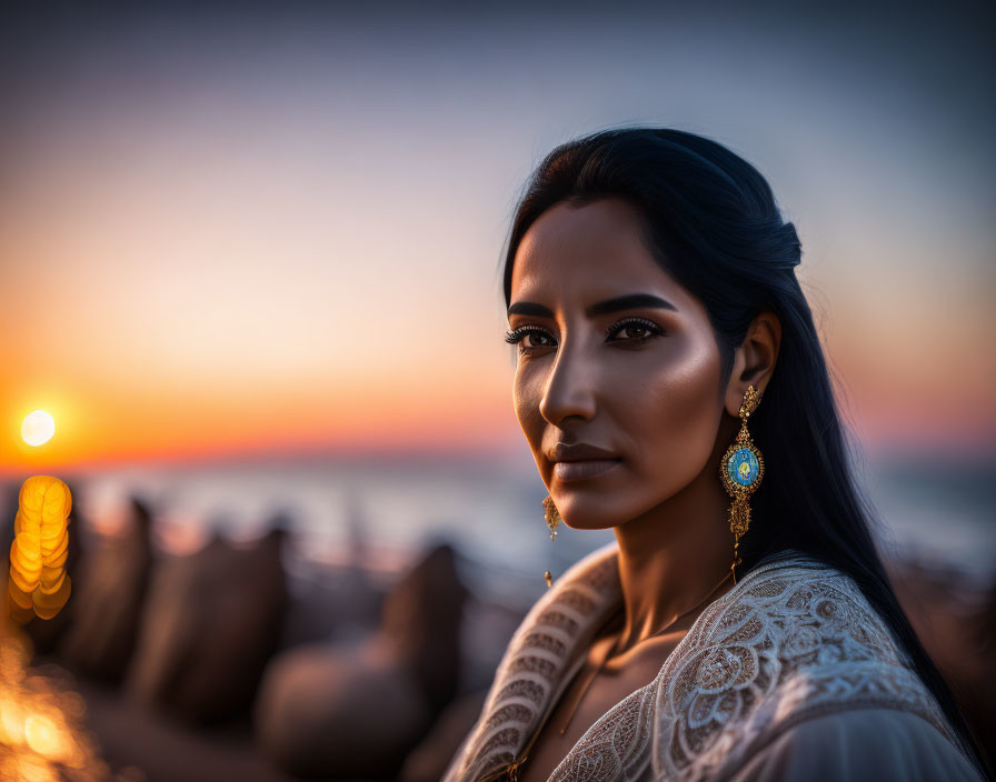 Woman with striking features and earrings gazing at sunset over ocean