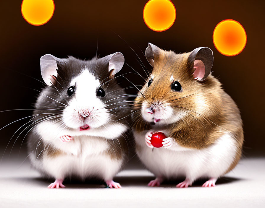 Colorful Hamsters Posing with Red Ball on Warm Background