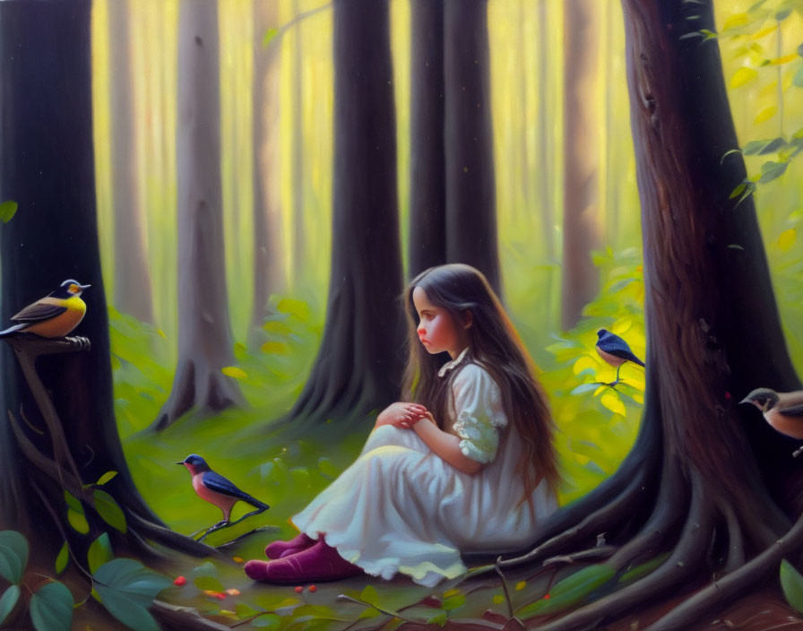 Young girl in contemplation among tall trees with colorful birds in serene forest scene