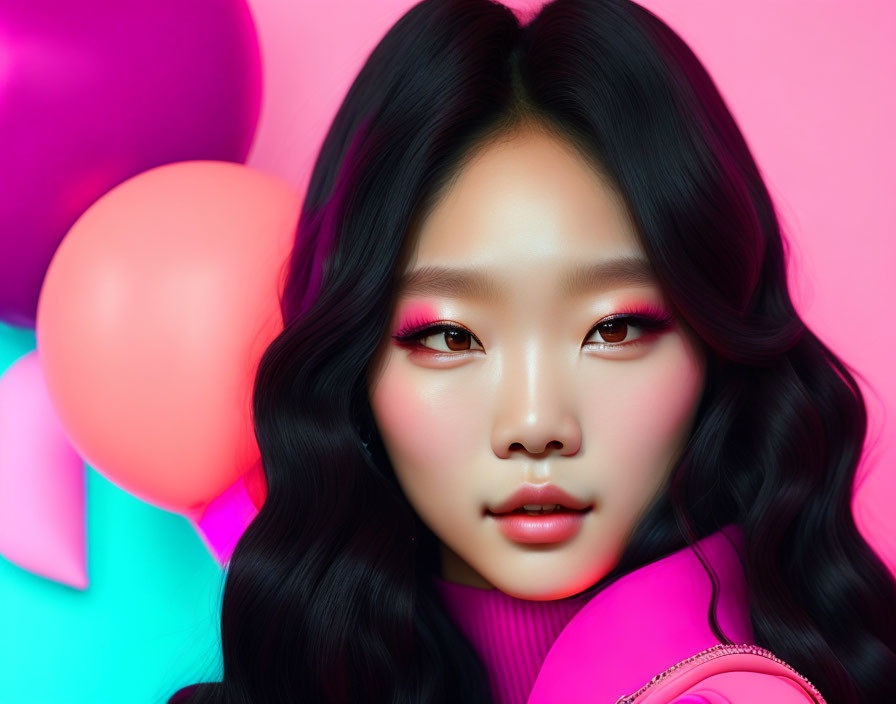 Woman with wavy hair and pink makeup against colorful background