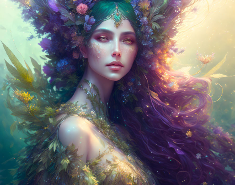 Mystical female figure with purple hair in enchanted forest glow