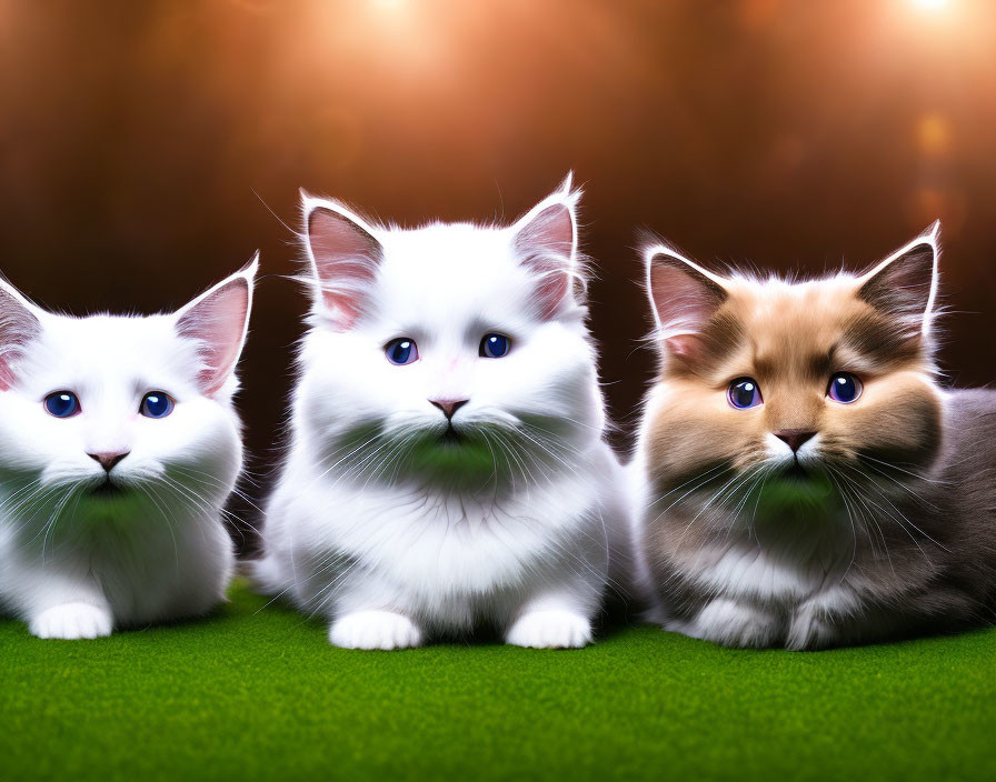 Three fluffy cats with striking blue eyes on green surface in bokeh light.
