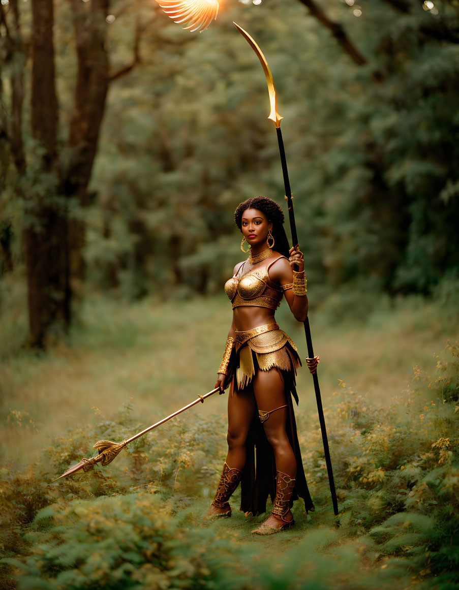 Golden warrior woman with spear and shield in mystical forest setting
