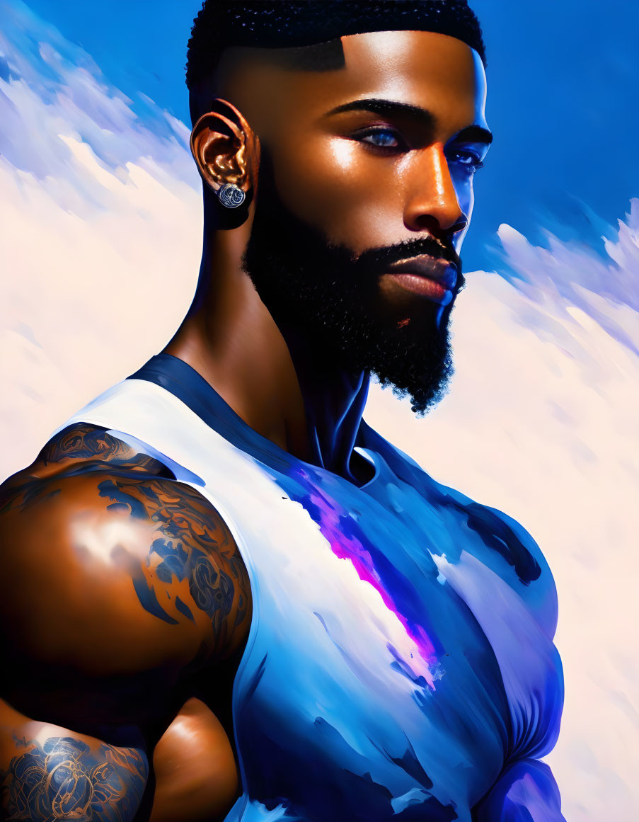 Digital illustration: Bearded man with earrings, tattoos, against blue sky.