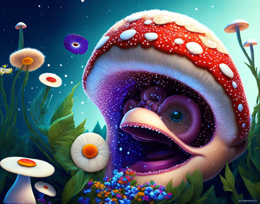 Colorful anthropomorphic mushroom in enchanted forest scene