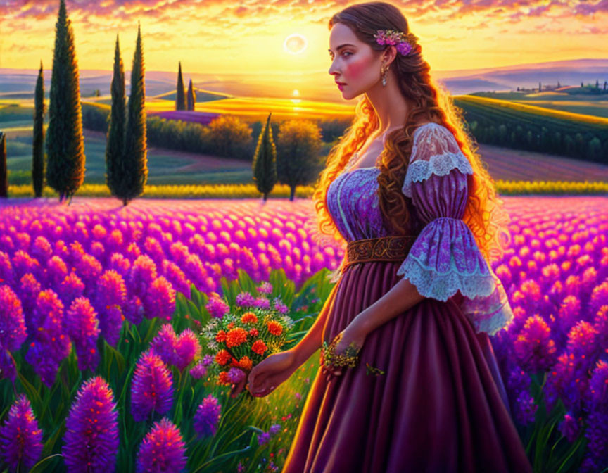 Woman in vintage purple dress surrounded by flowers at sunset